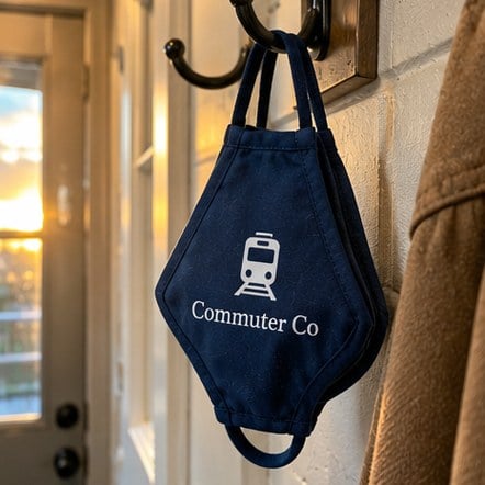 Branded face mask hanging by a front door