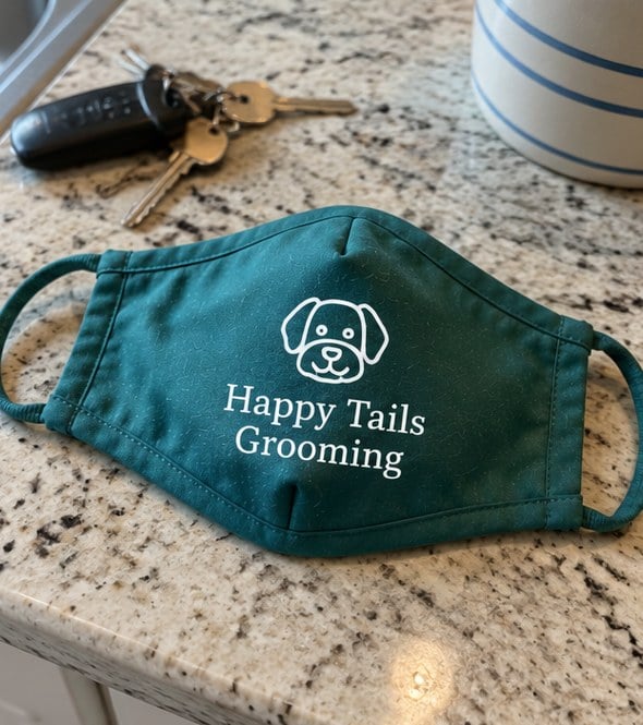 Customer photo of a custom grooming salon face mask