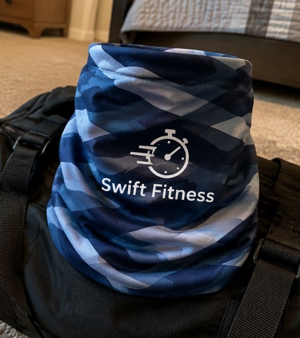 Customer photo of a custom fitness neck gaiter