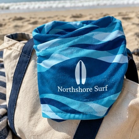 Custom neck gaiter on a beach bag