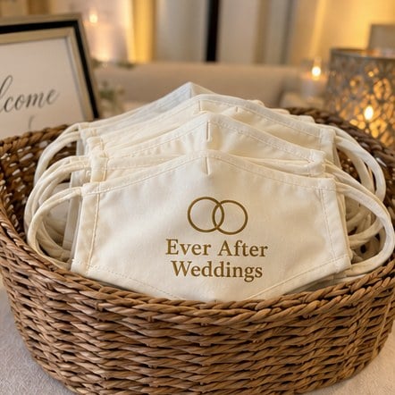 Custom wedding guest face masks in a welcome basket